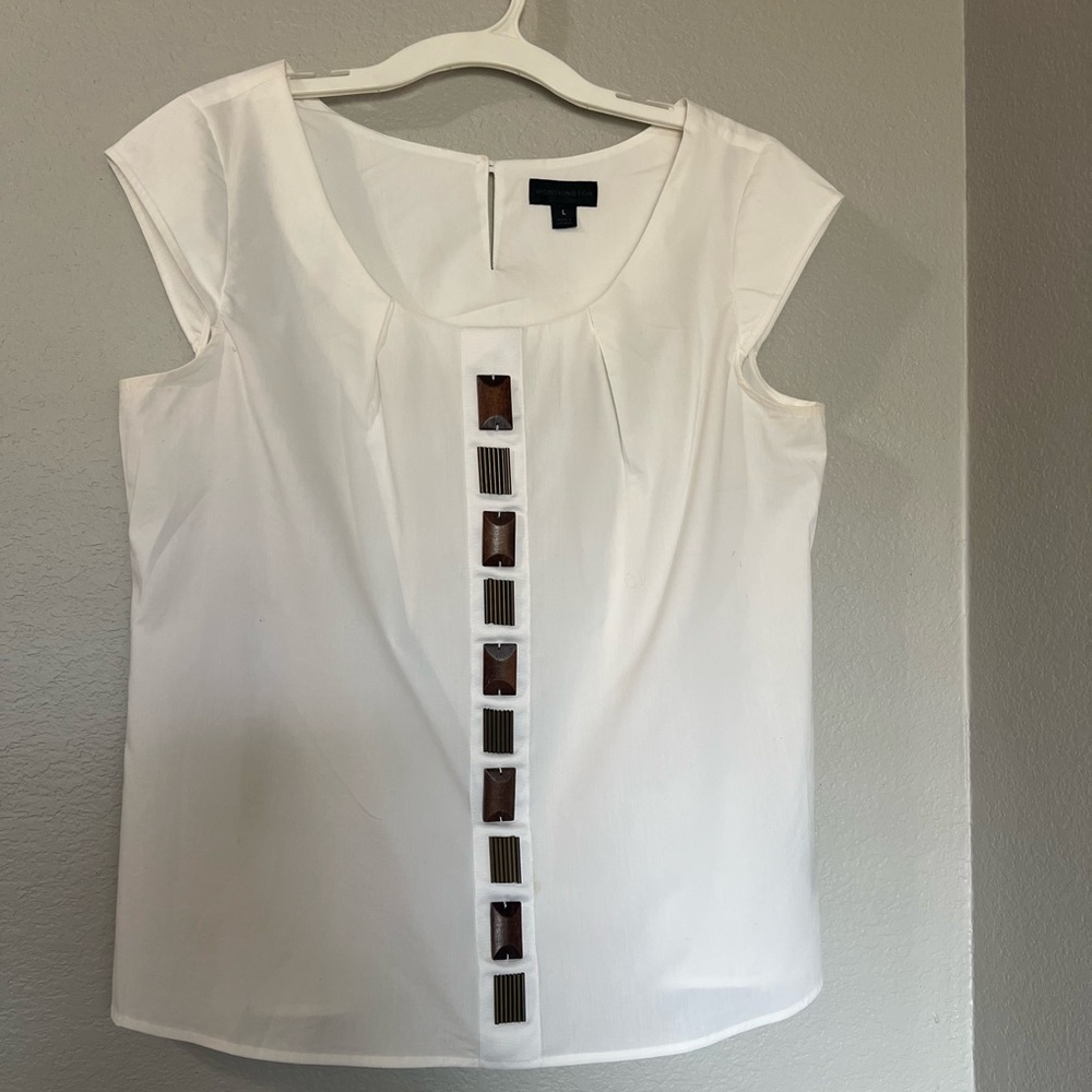 Worthington White Cap-Sleeve Shell with Brown Accent Trim SIZE LARGE CAREER TOP